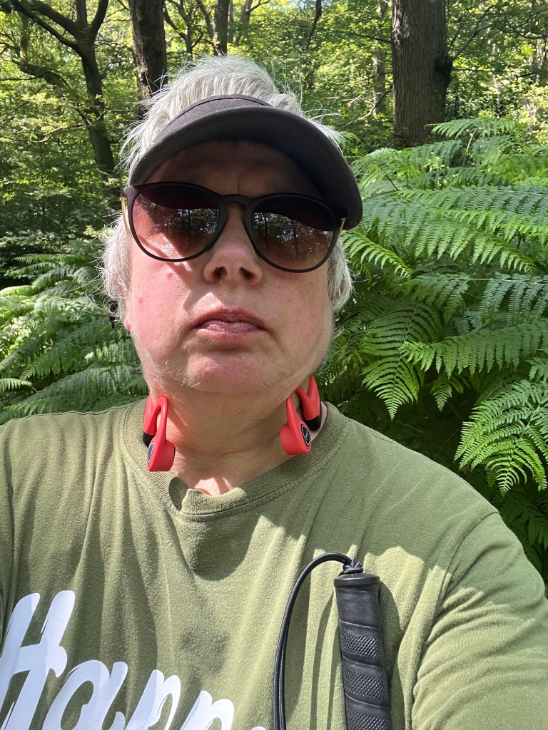 I look serious as of course I can’t see myself as I take the photo. I’m wearing a green T-shirt, my sunglasses, and tennis visor. My red bone conduction headphones are around my neck. The bracken/ fern fronds behind me are almost as tall as I am, behind the Bracknell are the trunks of the various trees.