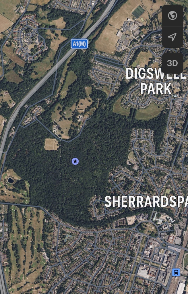 Close up screenshot of Sherrardspark Wood from the map app, showing how it hugs part of the town and has the town’s main shopping centre just to its south east corner.
